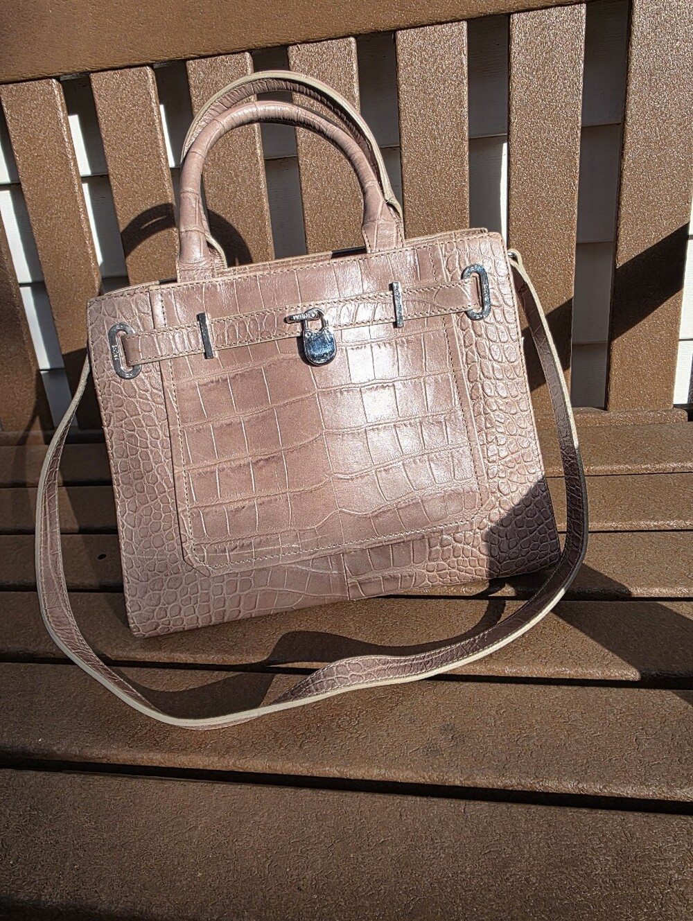PRUNE NEW Taupe 30 Cm BIRKEN-STYLE Croc-Embossed Leather Satchel. With Bag & Tag - Picture 2 of 10